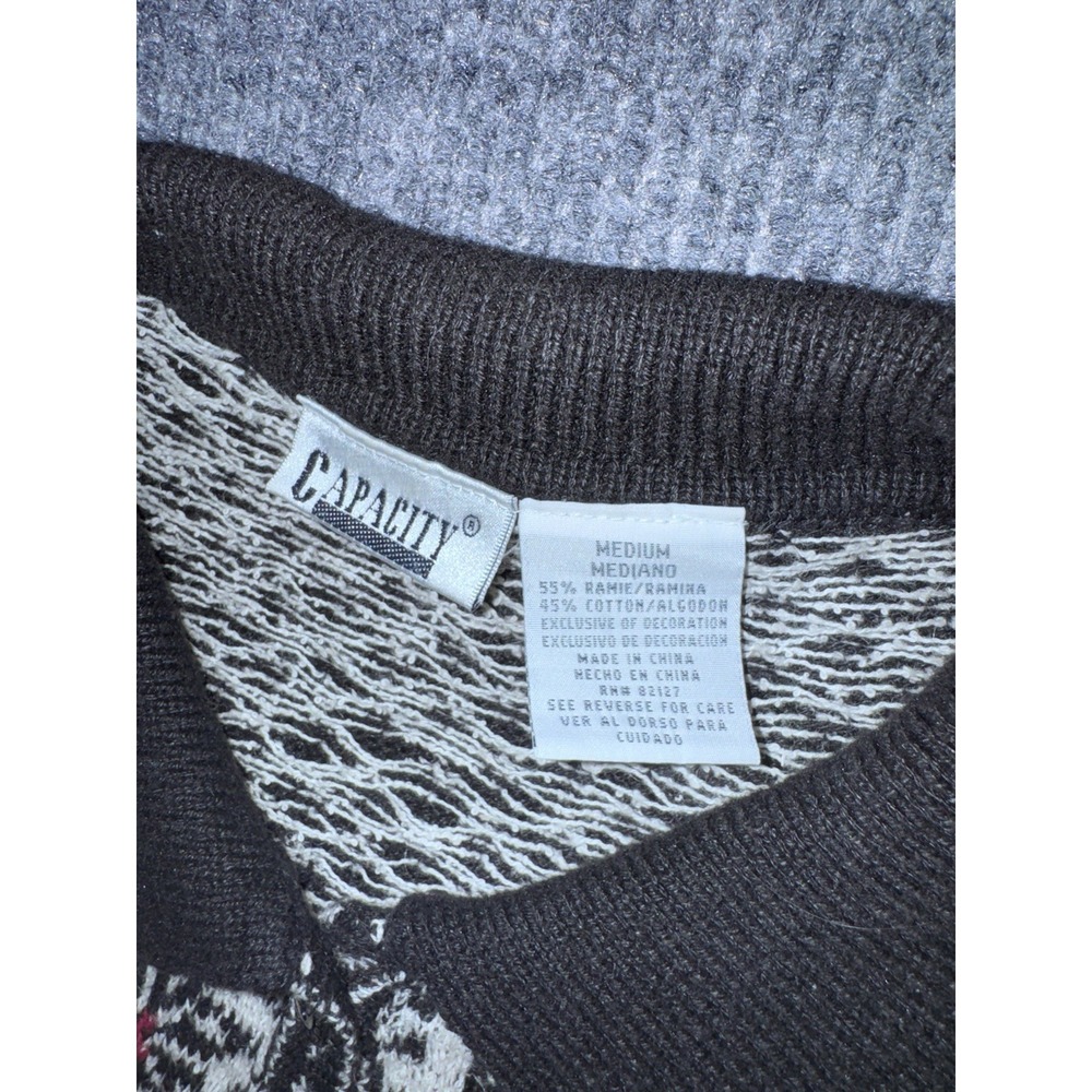Y2K Capacity Fair Isle Collared Button Cardigan Sweater Black White Red M - Picture 2 of 13